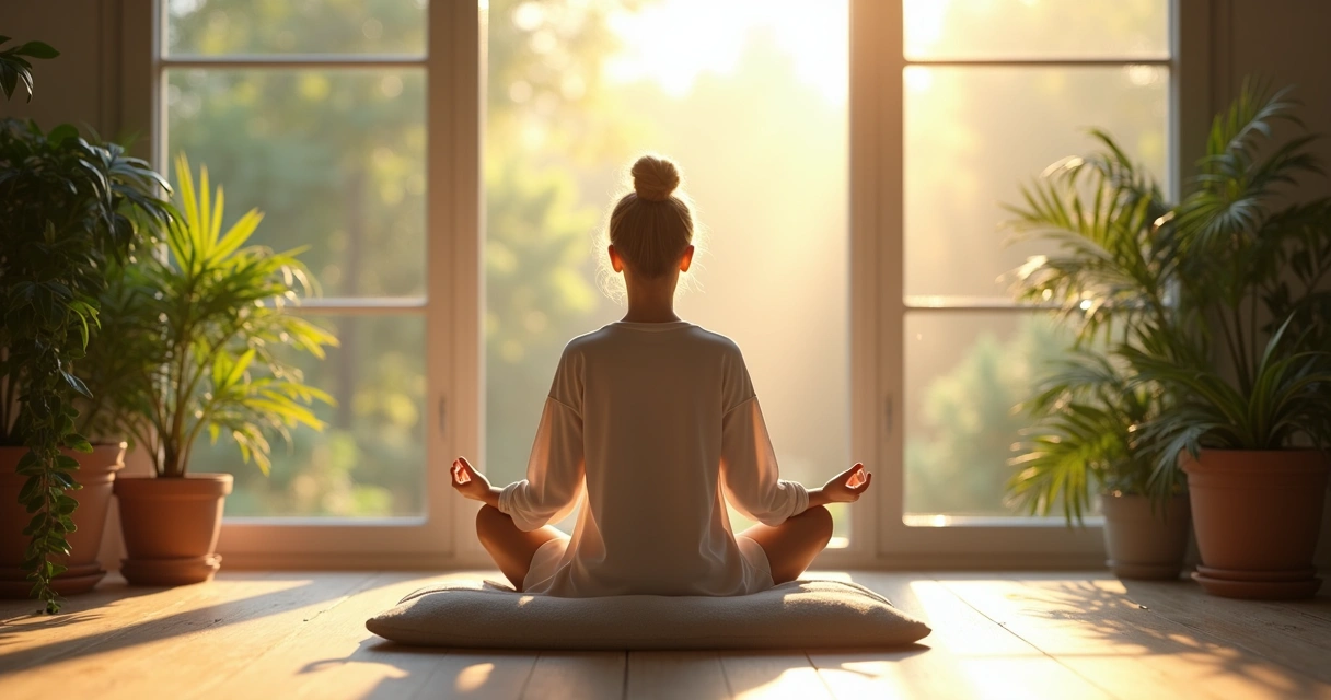 Persona meditando cerca de una ventana soleada. 