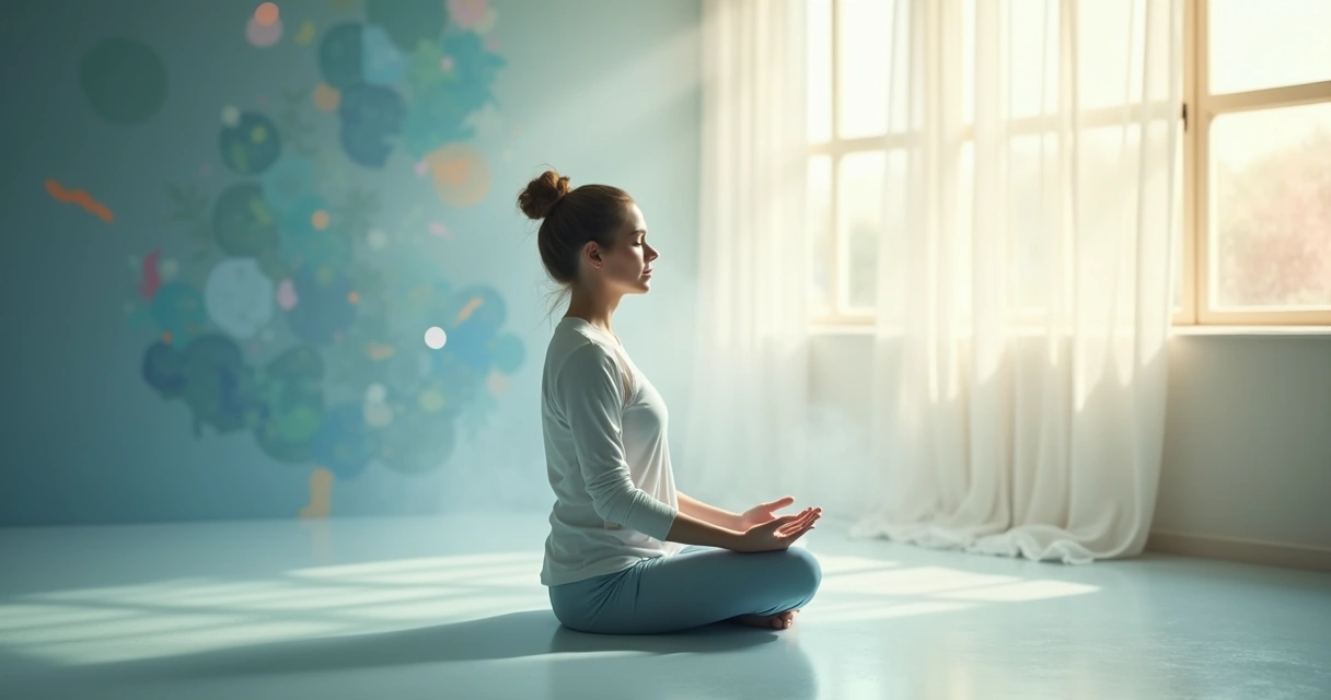 Persona en postura de meditación en silencio, luz suave, ambiente sereno, rodeada de formas abstractas que sugieren introspección 