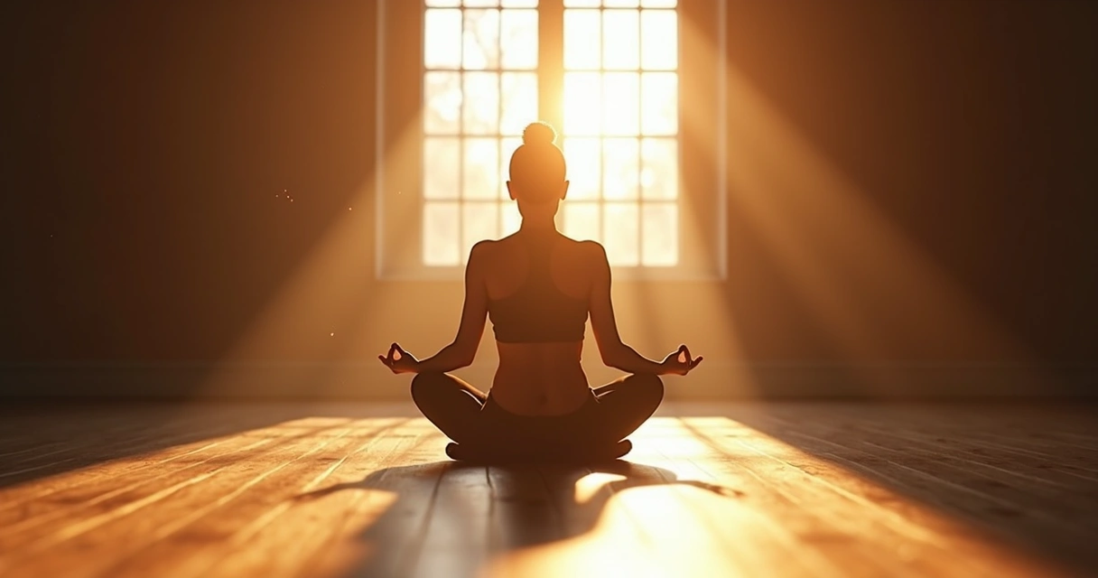 Persona sentada meditando en posición de loto con luz solar entrando al fondo 