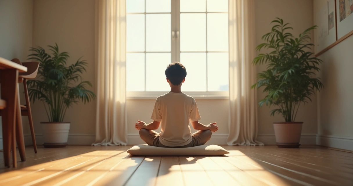 Persona sentada meditando, luz suave entra por la ventana 