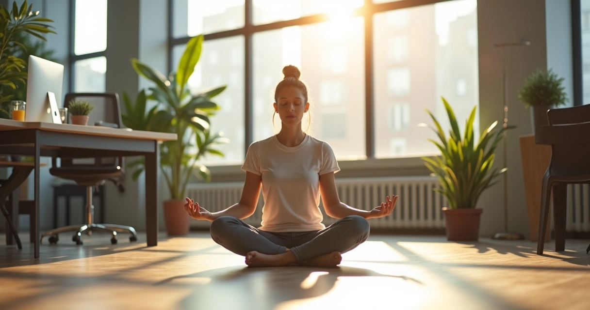 Persona practicando meditación en una oficina luminosa 