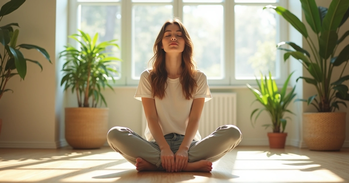Persona sentada meditando en una habitación luminosa con plantas 