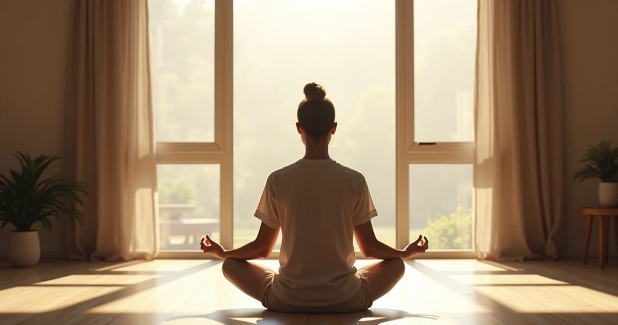 Persona meditando frente a una ventana, luz suave al fondo