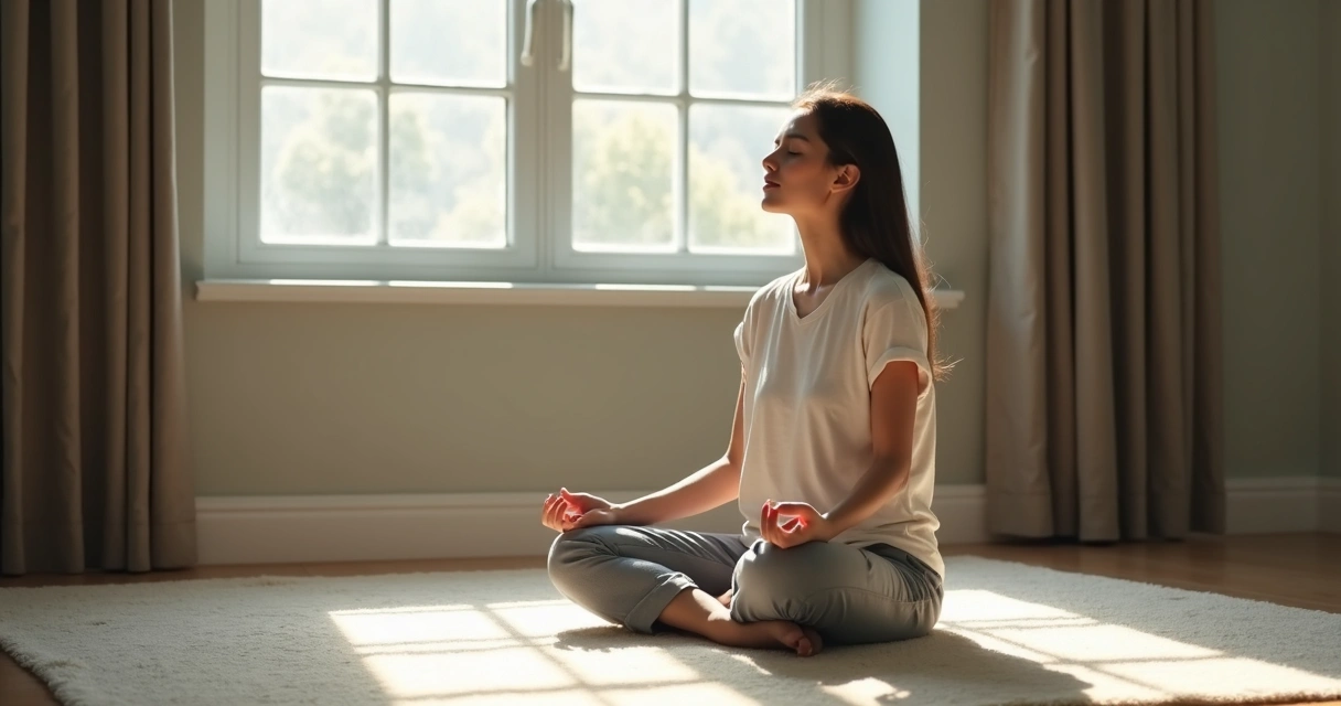 Persona sentada meditando en silencio sobre una alfombra clara, con luz suave entrando por la ventana 
