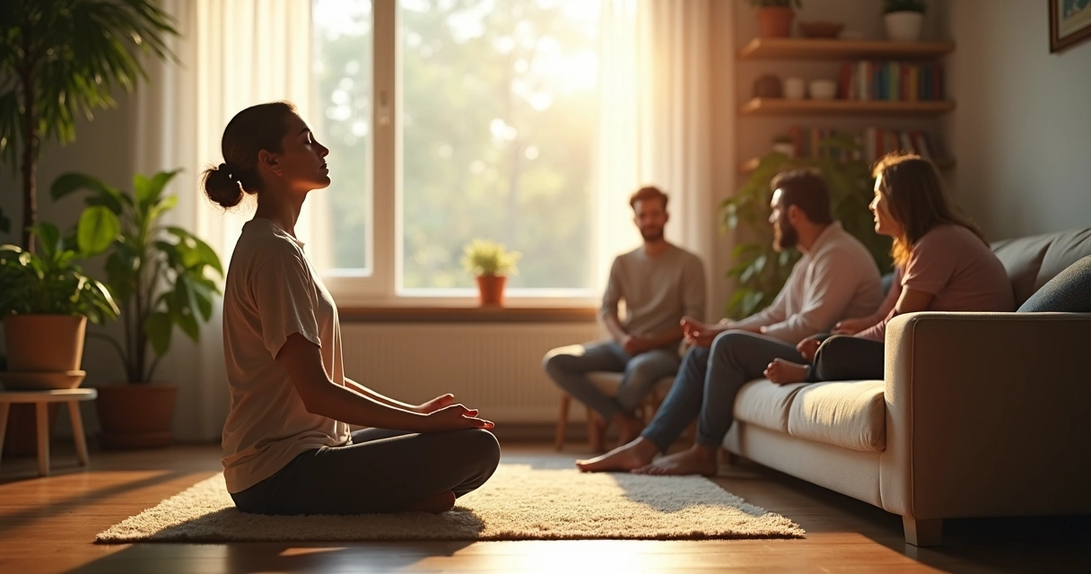 Persona medita en una silla en una sala, mientras su familia conversa a lo lejos. 