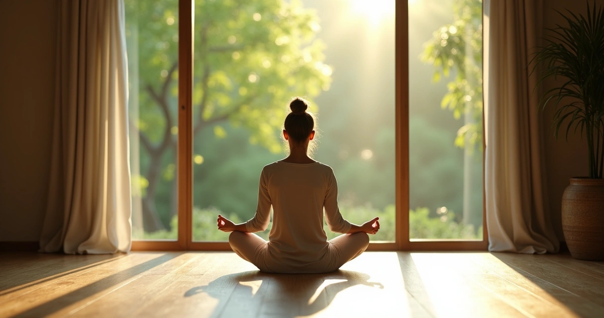 Persona sentada meditando frente a ventana grande con naturaleza fuera.