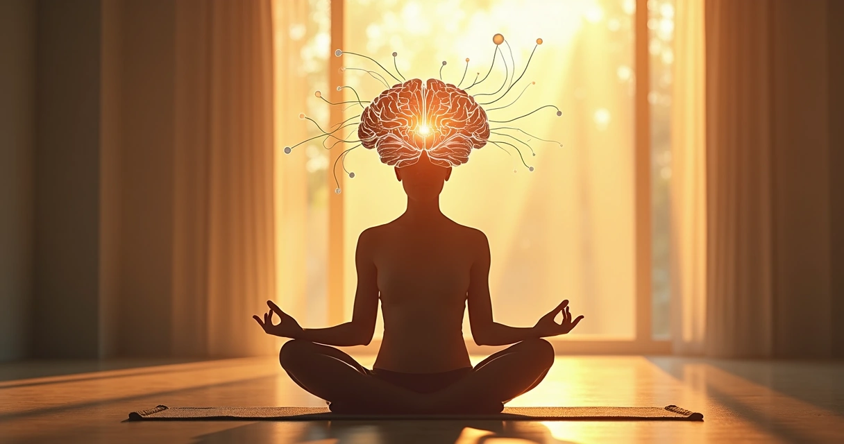 Persona meditando con ilustración de cerebro y rutas neuronales 