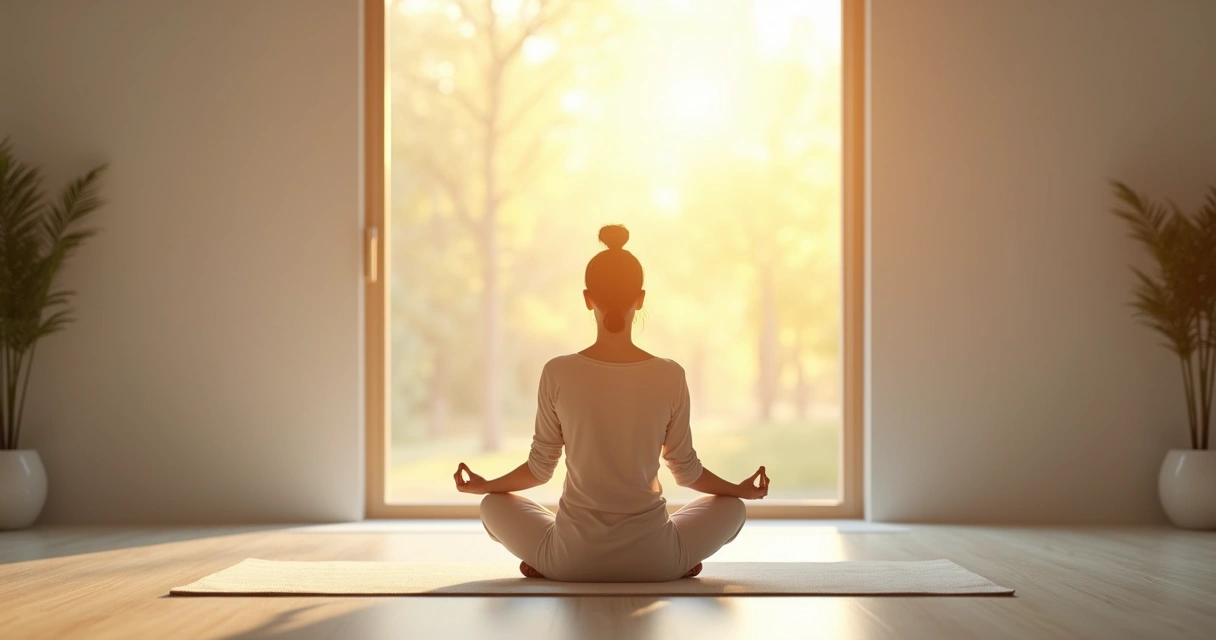 Persona sentada en posición de meditación con luz cálida a su alrededor 