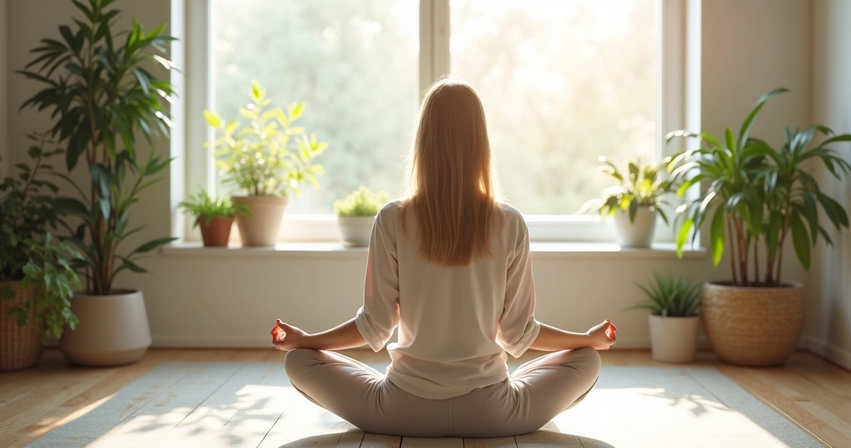 Mujer sentada en postura de meditación en sala iluminada con plantas