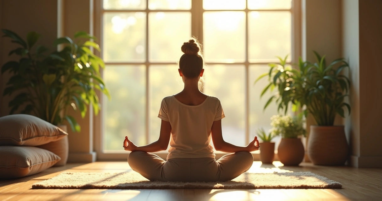 Persona sentada en meditación junto a ventana iluminada con plantas. 