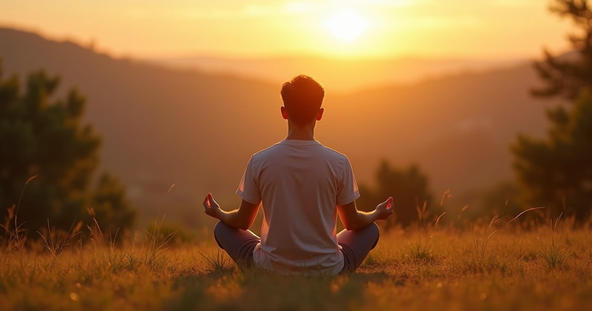 Persona practicando meditación al amanecer en entorno natural 