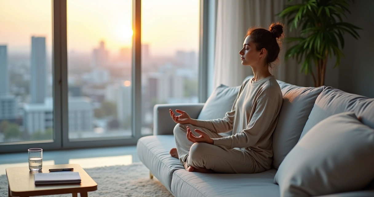 Persona sentada meditando frente a una ventana al amanecer 