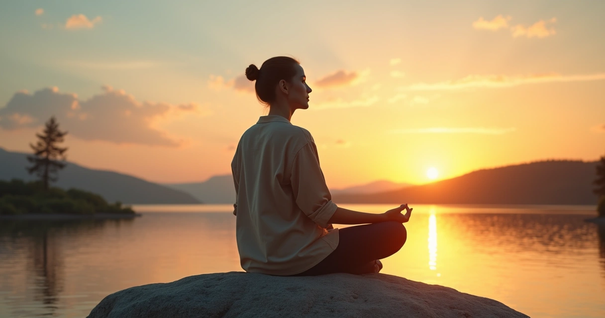 Persona sentada meditando frente al atardecer en la naturaleza 