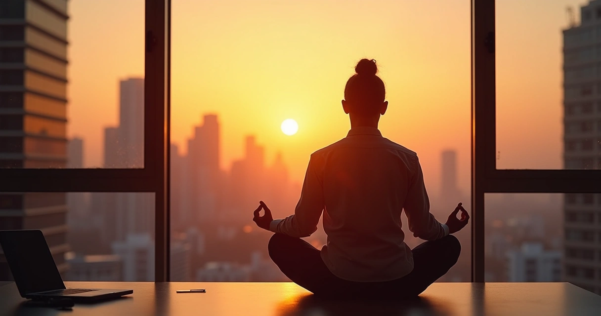 Empleado meditando al atardecer frente a una ventana de oficina moderna
