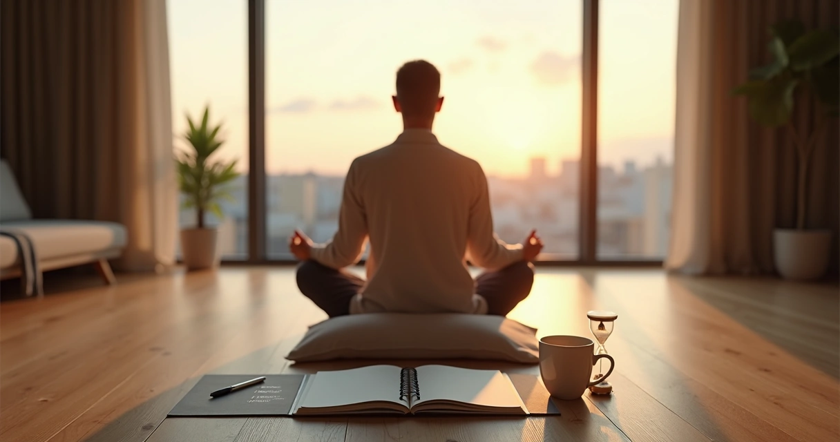 Persona sentada meditando al amanecer frente a una libreta con seis pasos anotados 