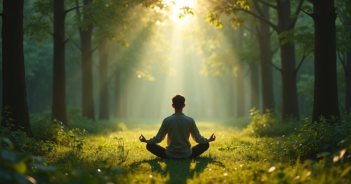 Persona meditando en un claro de bosque rodeado de árboles altos