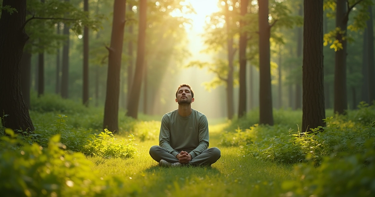 Persona sentada en medio de un bosque tranquilo, ojos cerrados y postura relajada 