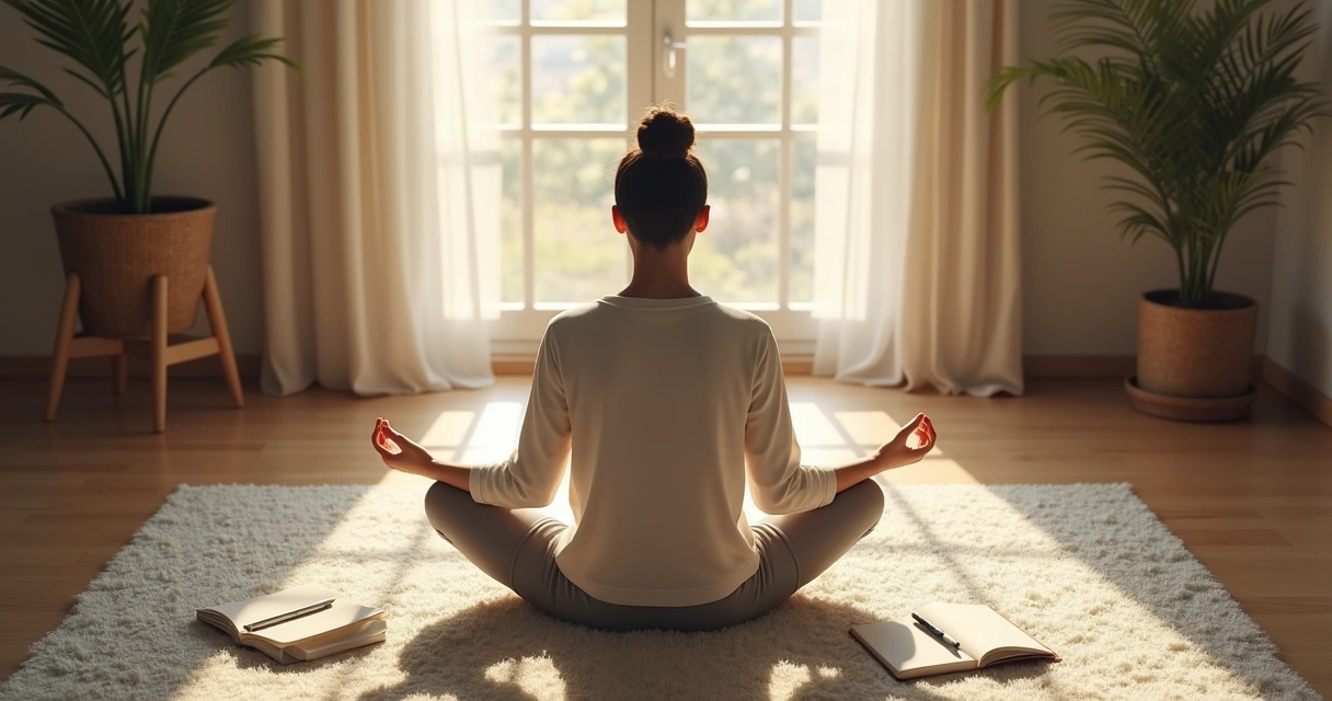 Persona sentada en postura de meditación en un espacio tranquilo 