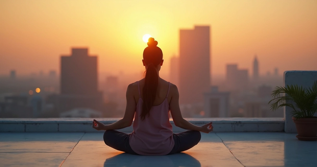 Persona meditando en tranquilidad rodeada de un entorno urbano moderno