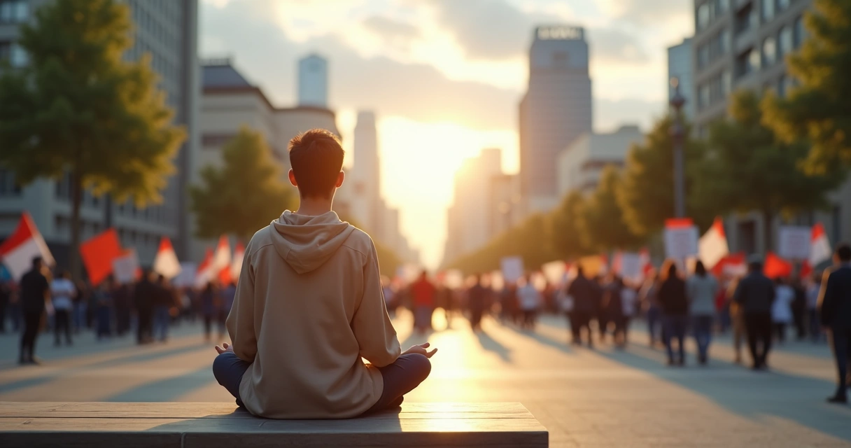 Persona meditando en una ciudad con manifestaciones al fondo 