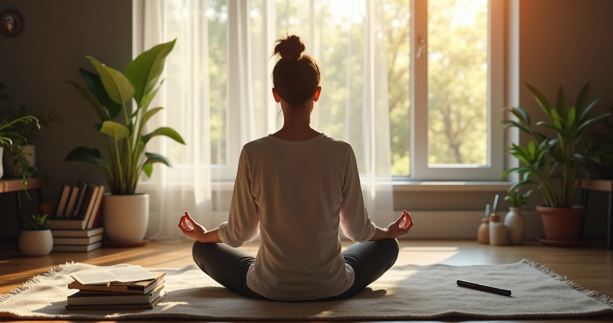 Persona meditando en una habitación tranquila con luz suave, rodeada de objetos de reflexión personal 