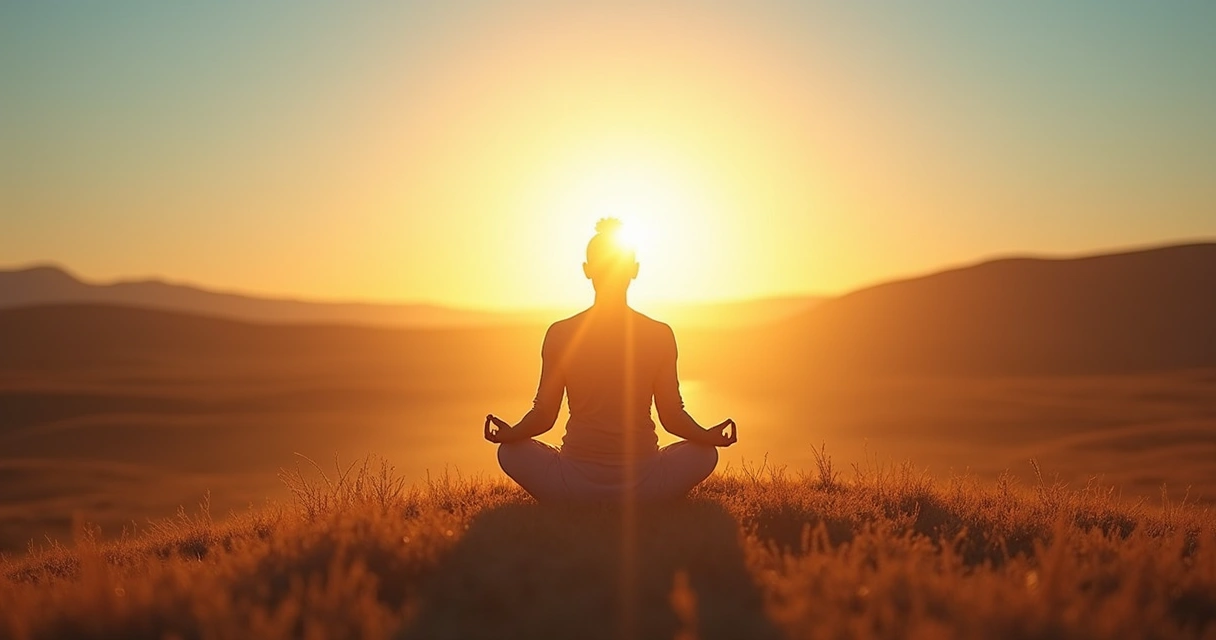 Persona meditando en un paisaje abierto con un camino de luz que se extiende hacia un horizonte luminoso 