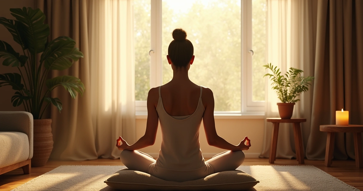 Persona meditando sentada junto a una ventana en casa. 