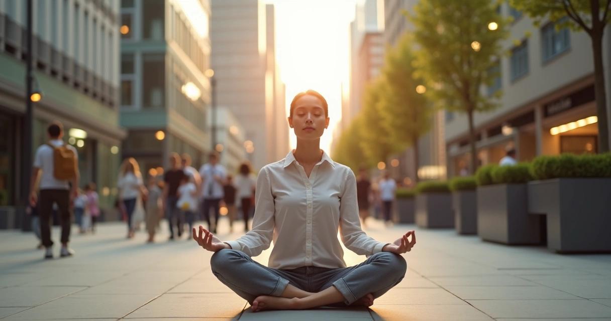 Persona meditando en medio de la ciudad 
