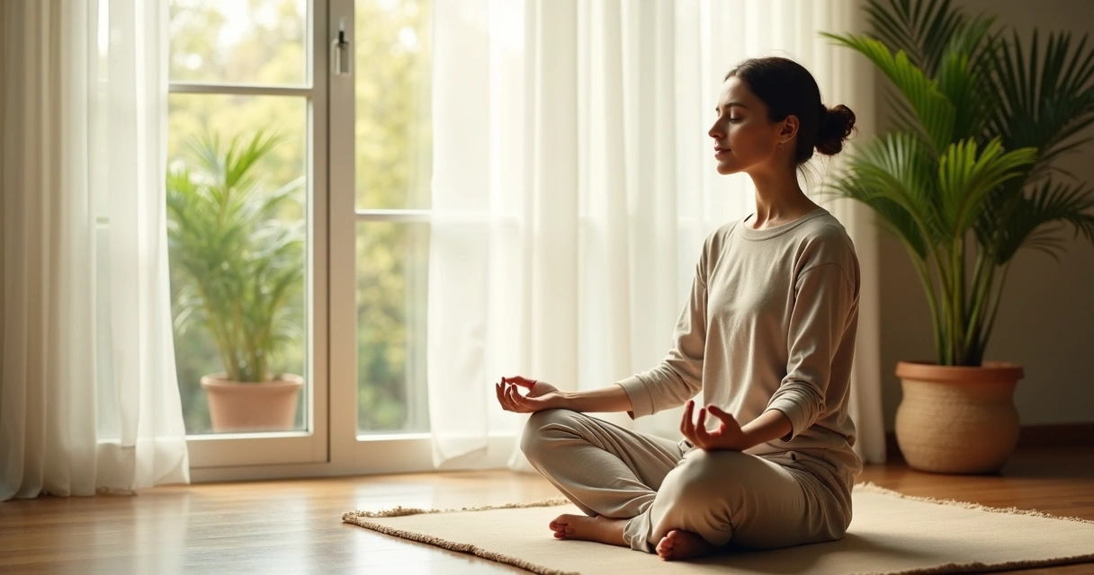 Persona sentada en postura de meditación junto a una ventana 
