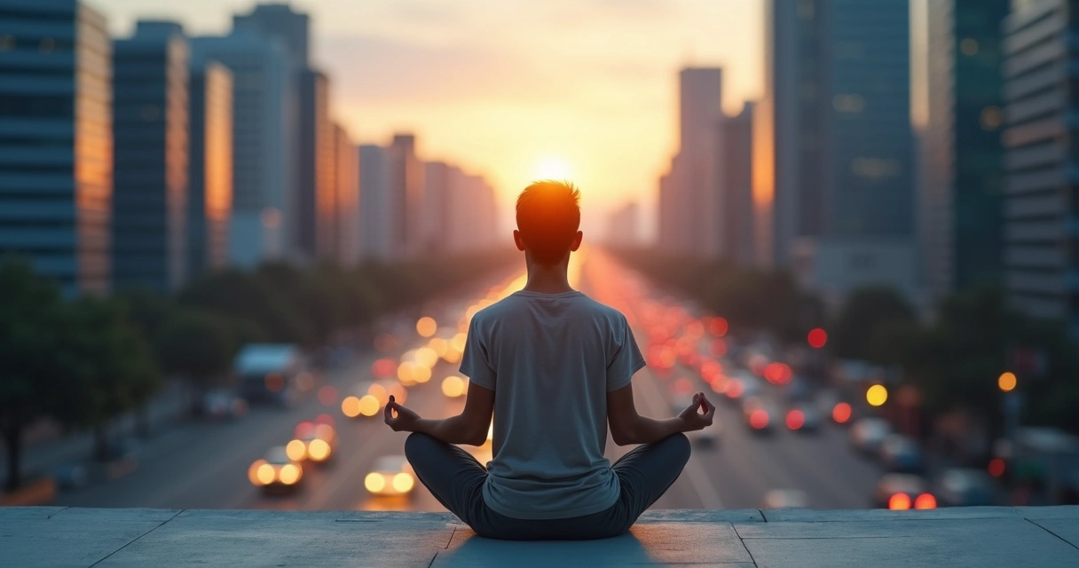 Persona meditando ante una ciudad agitada al fondo 