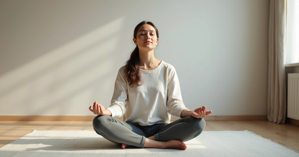 Persona sentada en postura de meditación sobre fondo neutro, ojos cerrados