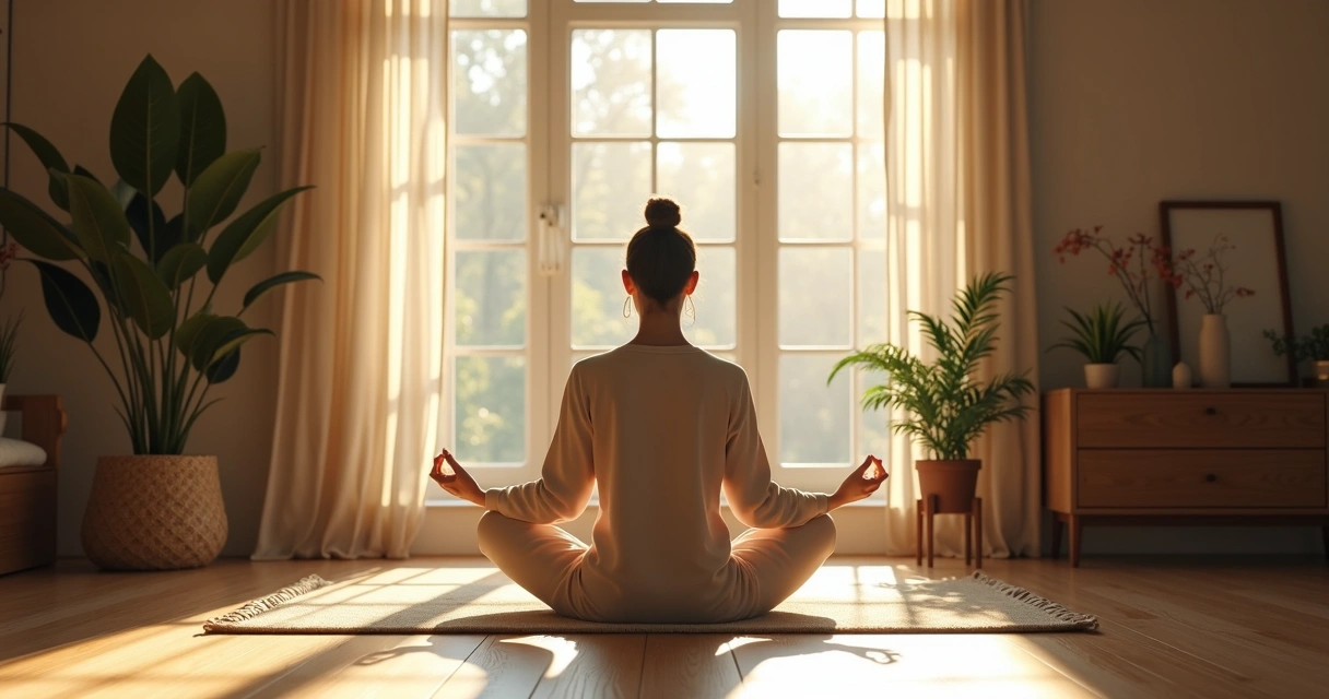 Persona meditando cerca de una ventana con luz suave