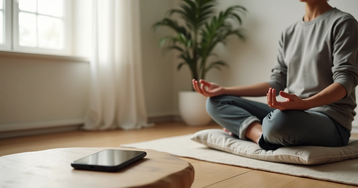 Persona sentada meditando con un móvil sobre una mesa 