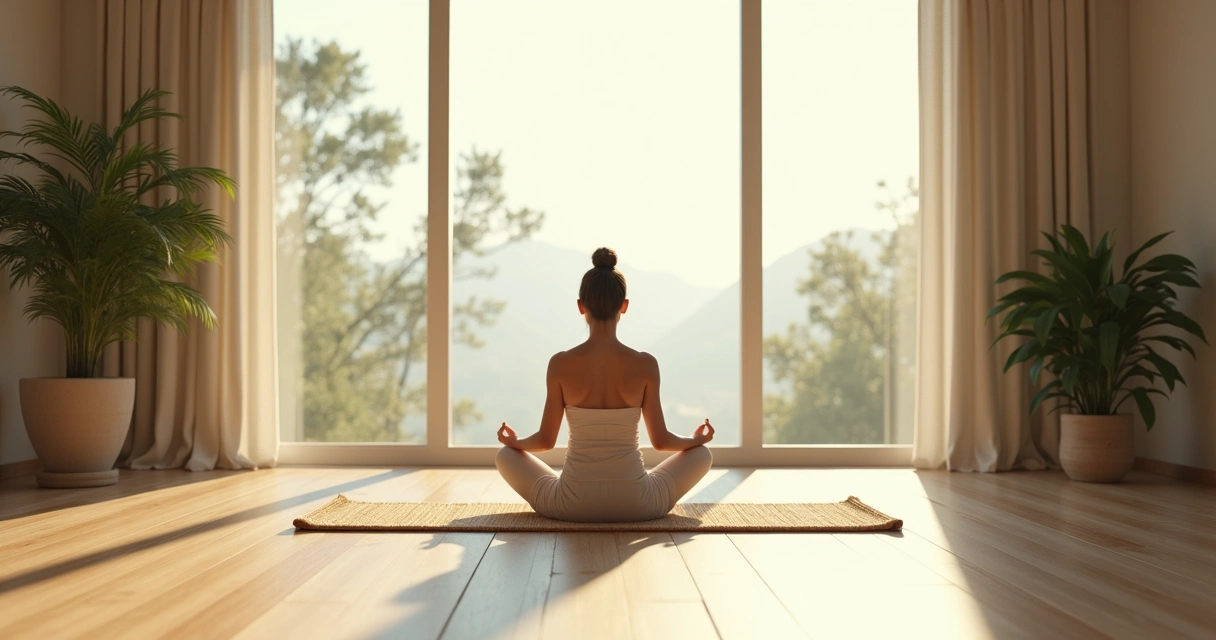 Persona sentada meditando en espacio tranquilo, entorno natural interior 