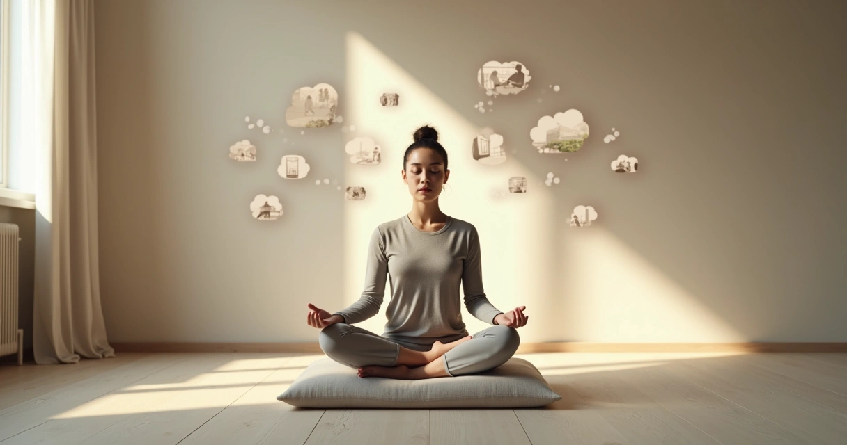 Persona sentada meditando observando sus pensamientos 