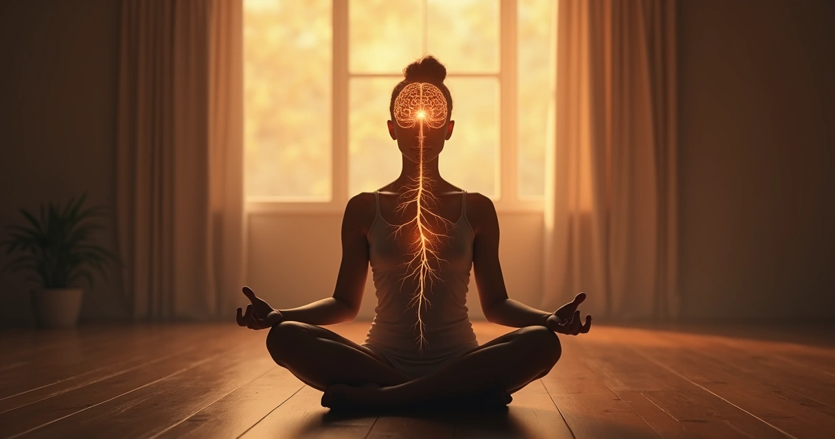 Persona meditando con visualización de conexiones neuronales en la cabeza 