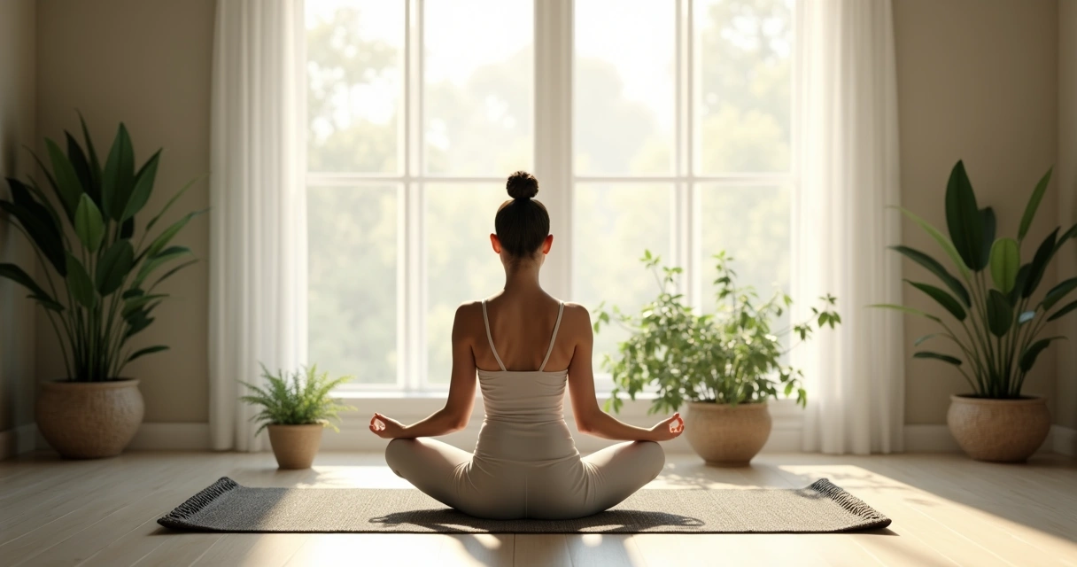 Persona sentada en postura de meditación con luz natural, rodeada de plantas.