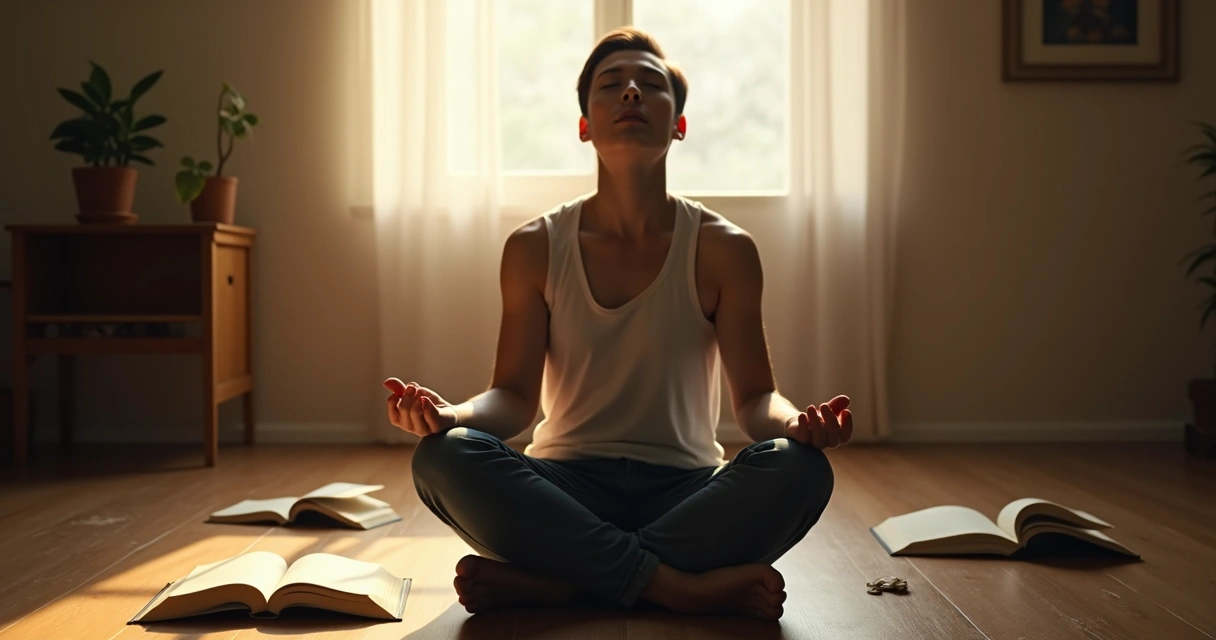 Persona sentada en el suelo, ojos cerrados, respirando profundamente, ambiente cálido 