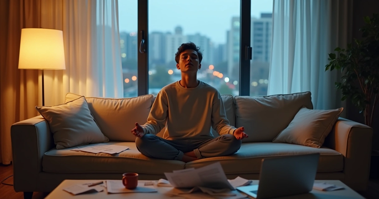 Persona sentada meditando en un sofá en medio de una sala desordenada 