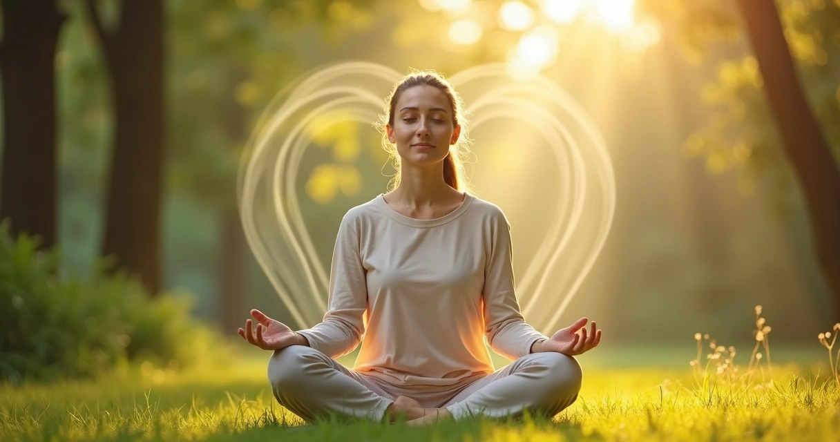 Persona sentada en postura de meditación, rodeada de naturaleza, con expresión serena en el rostro. 