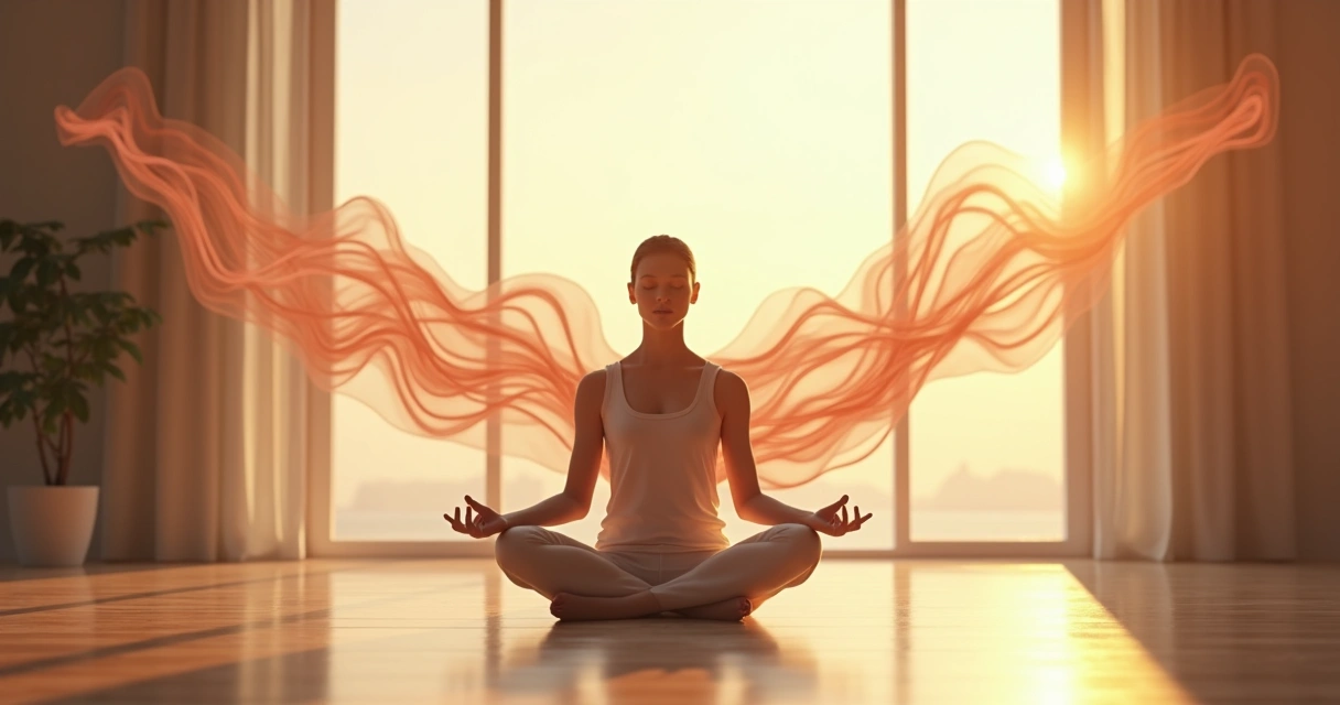 Persona sentada meditando con colores abstractos que representan emociones alrededor 