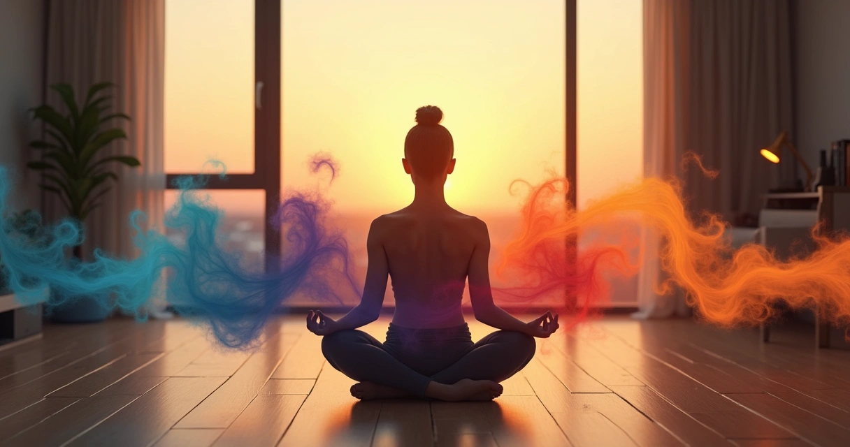 Persona meditando con emociones intensas representadas como olas de color alrededor 