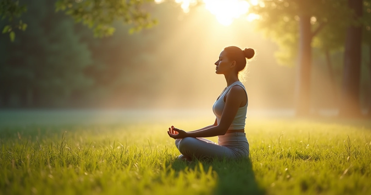 Persona sentada en posición de meditación en un entorno natural, reflejando calma y conexión interna.