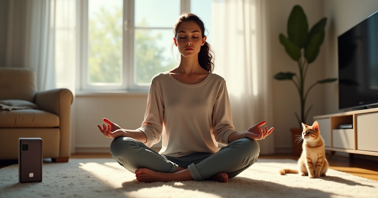 Persona sentada meditando en su casa con ruidos y distracciones alrededor 
