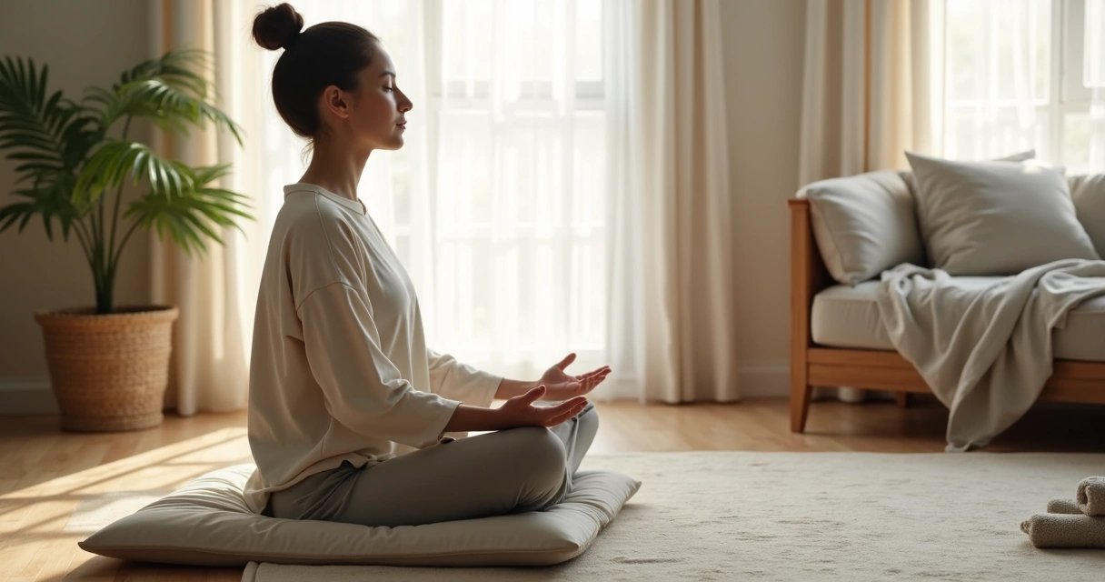 Persona sentada meditando en una sala tranquila con luz natural 