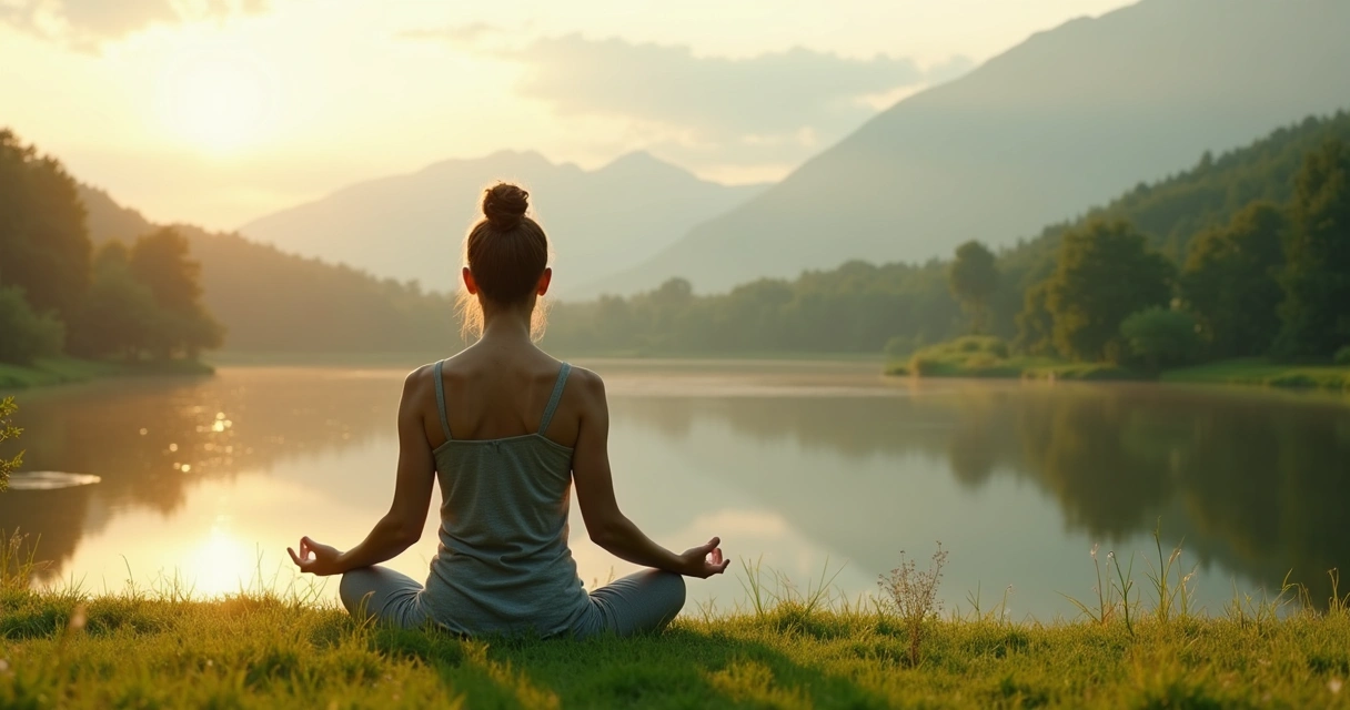 Mujer meditando al aire libre rodeada de naturaleza tranquila 