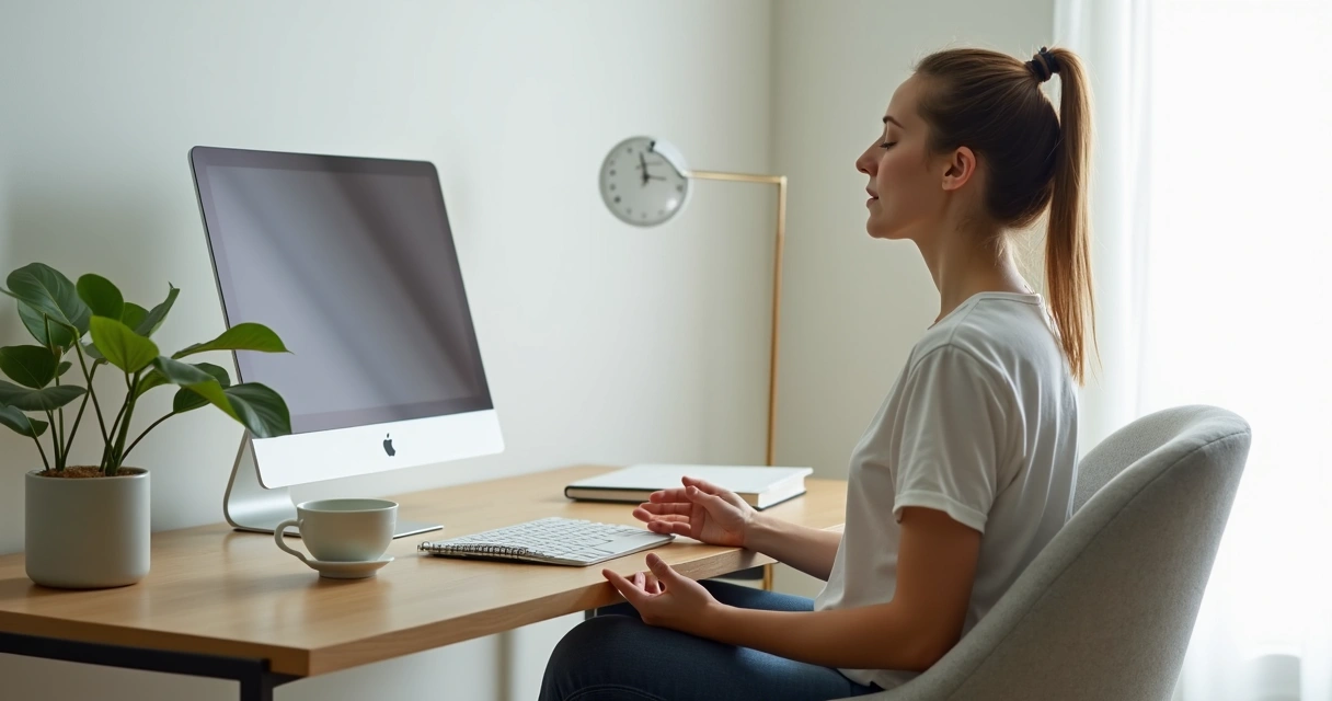 Persona sentada frente a su escritorio en casa, practicando meditación durante la jornada laboral 