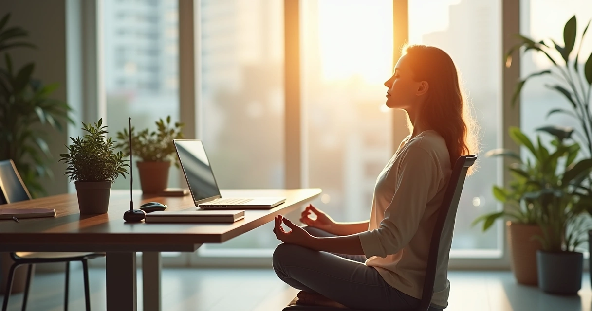 Persona meditando frente a un escritorio con fondo de oficina 