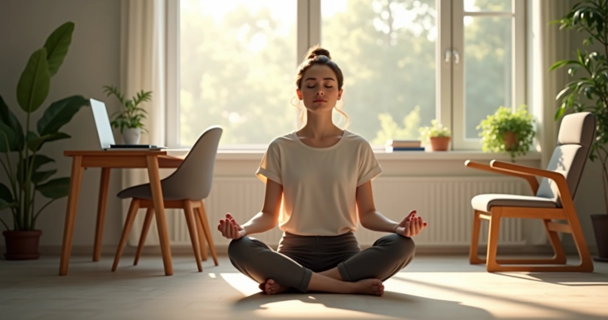 Persona meditando sentada frente a escritorio con luz natural entrando por ventana 
