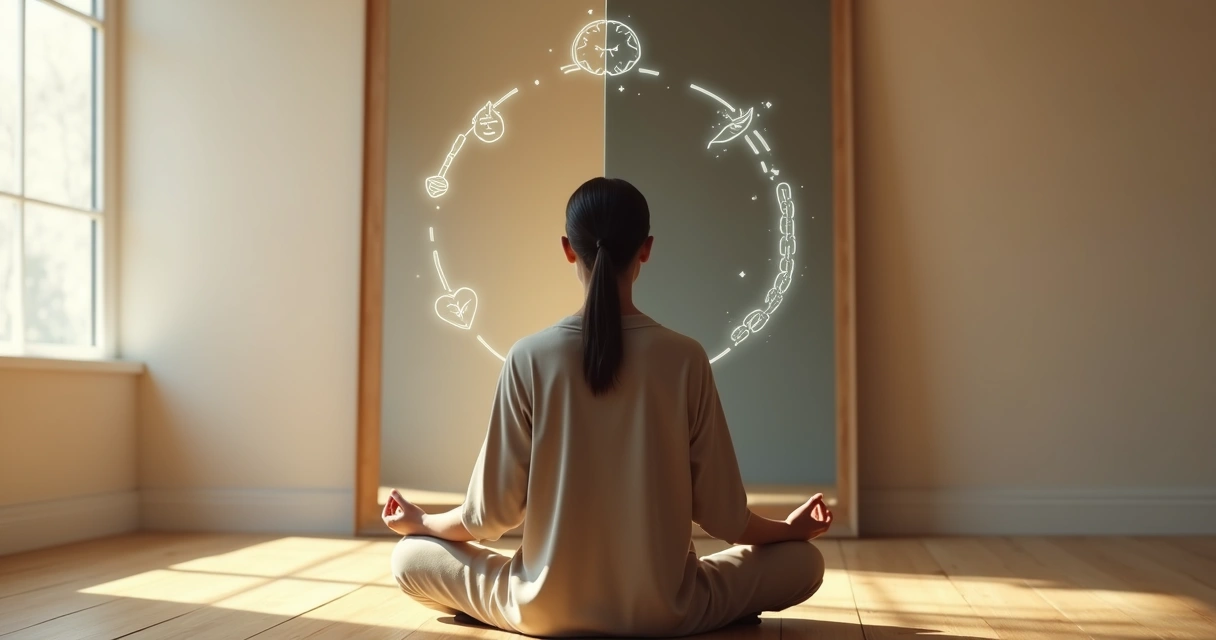 Persona meditando frente a un espejo con reflejo dividido en luz y sombra 